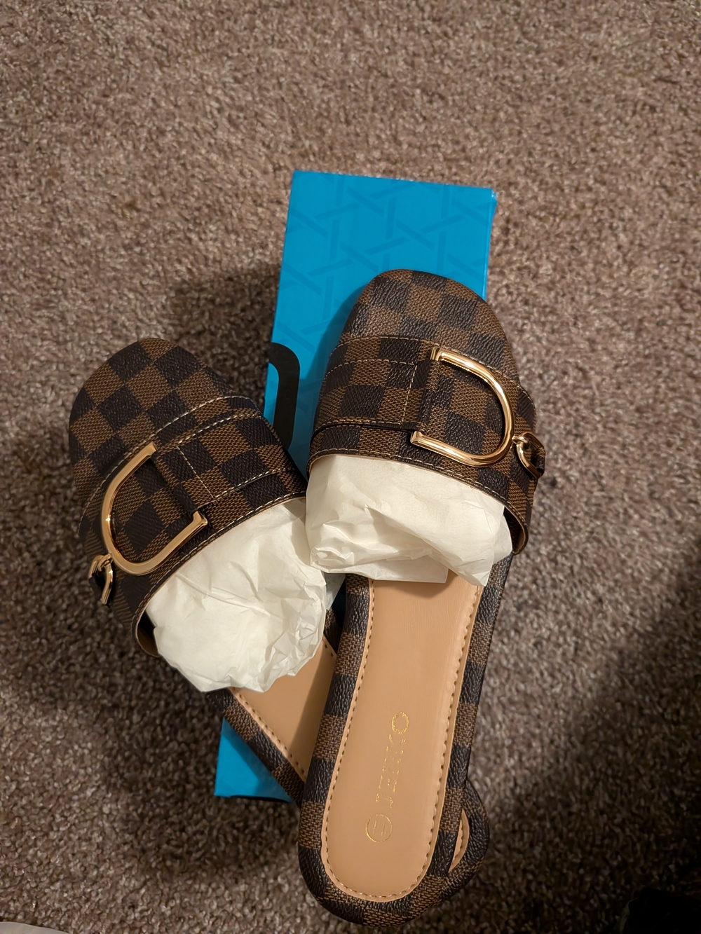 Brown Checkered Slip-On Women’s Loafers with Gold Buckle